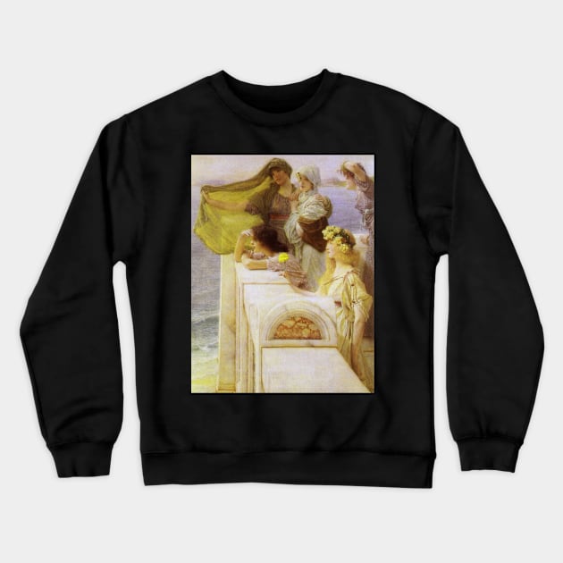 At Aphrodite's Cradle by Sir Lawrence Alma-Tadema Crewneck Sweatshirt by MasterpieceCafe